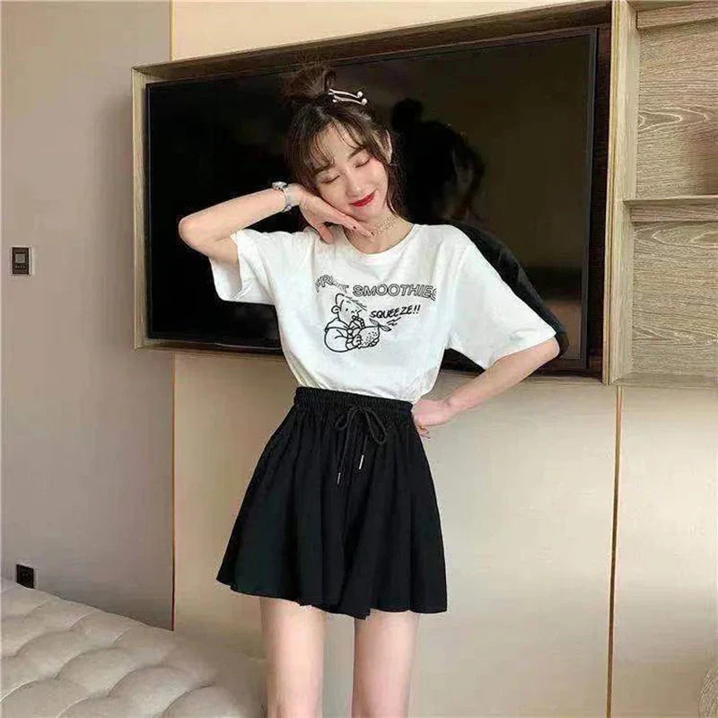 5Xl Summer Shorts Skirts Women Elastic High Waist Casual Wide Leg Shorts Korean A Line Loose Mini Skirt Black Short Pants