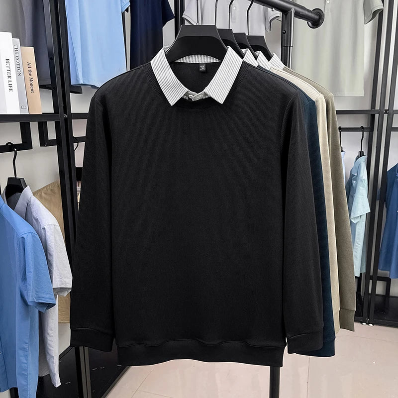 High End Brand Men's Striped Lapel Fake Two Piece Polo Shirt Designer Autumn Winter Fashion Business Simple Versatile Men's Wear