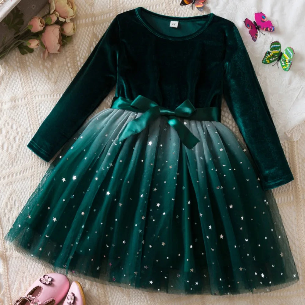 Bear Leader Autumn Winter Long Sleeved Girls Dresses Christmas Red Kids Wear Korean Version Star Gradient Mesh Princess Dress