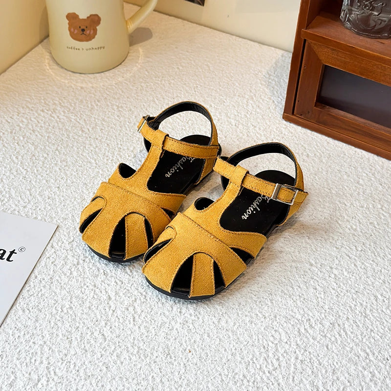 Kids Leather Cage Sandals for Girls 2025 Summer New Toddler Beach Shoes Non-slip Princess Elegant Retro Kid Garden Wedding Flats