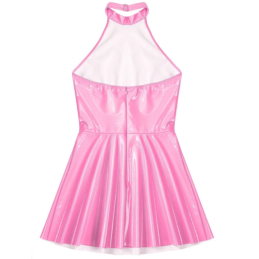 Glossy Patent Leather Glossy Mini A-Line Latex Dress for Womens Swing Skirt Skater Bodycon Mini Dress Rave Disco Party Clubwear