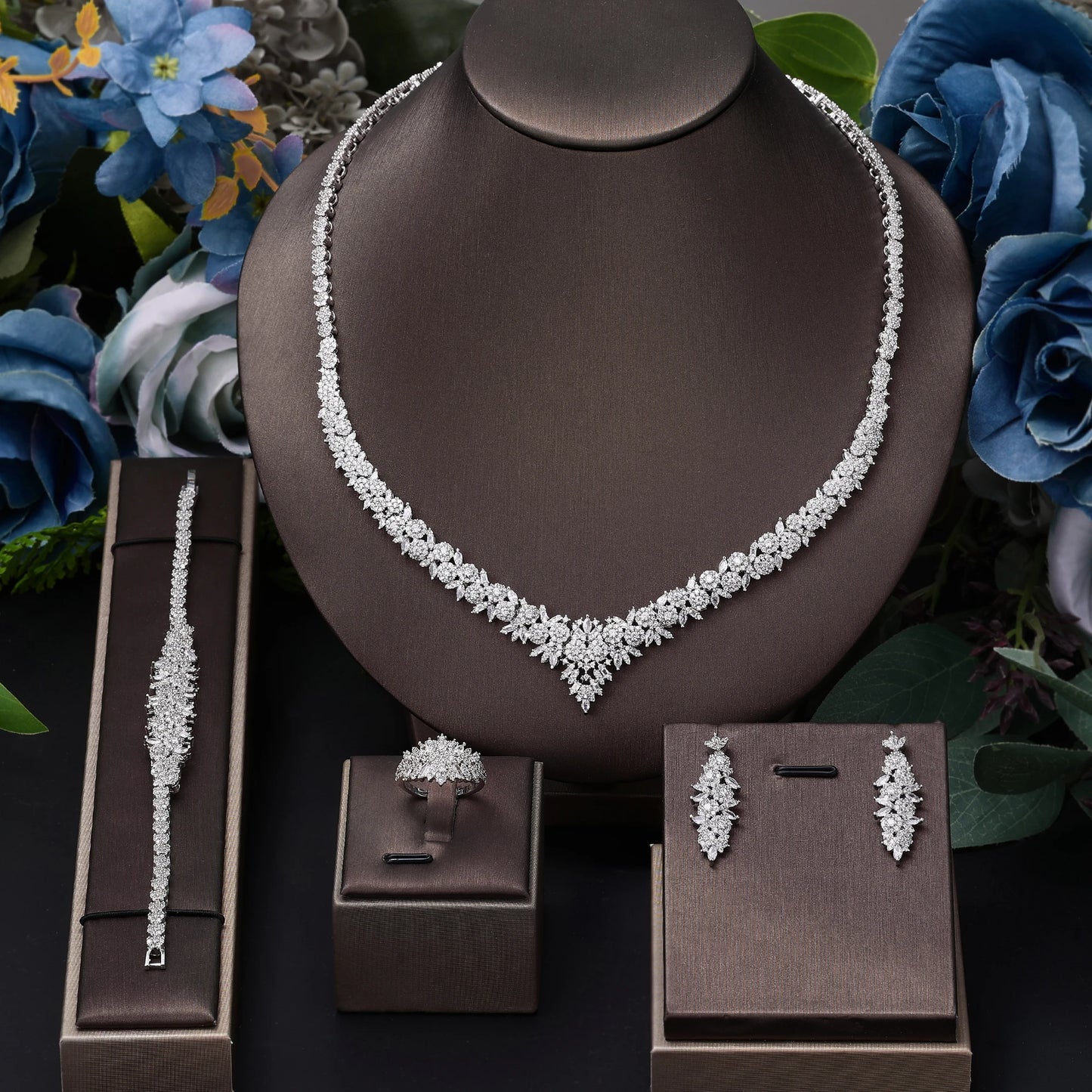 Fashion UAE Dubai Cubic Zirconia 4 Pieces Full Jewelry Set for Women Gold Plated Nigerian Wedding Brides Accessories