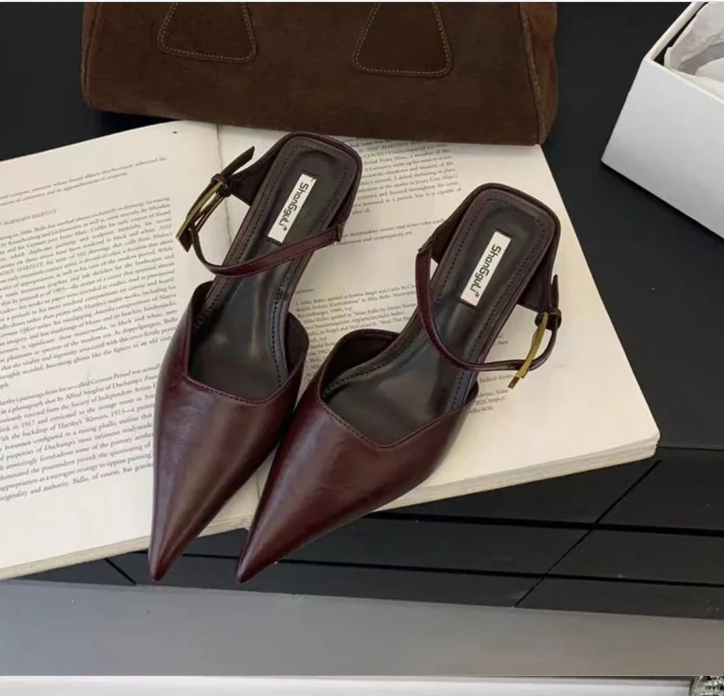 Retro Street Style Design Thin High Heels Pointed Toe Women Pumps Buckle Strap Banquet Party Slingbacks Female Mules Shoes