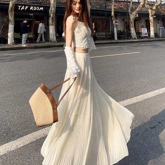 Women's High Waist Pleated Maxi Skirt, Casual A-Line Flowy Tiered Long Skirt, Elegant Beach Vacation Skirts for Ladies