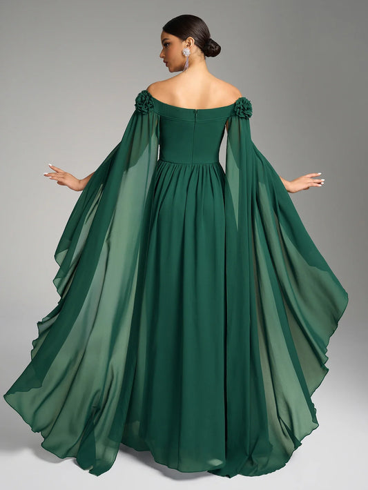One-Shoulder Gown with Oversized Flared Sleeves And Bodice Flower Embellishment Pleated Waist Slimming Chiffon Dress