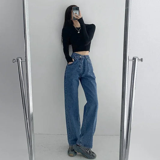 Wide Leg Pants Mom Femme Black Blue Jeans High Waist Woman Trousers