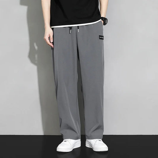 Men Drawstring Casual Pants Loose Drape Wide-leg Athleisure Pants Men Summer Thin Quick-drying Trousers Ice Silk Straight Pants