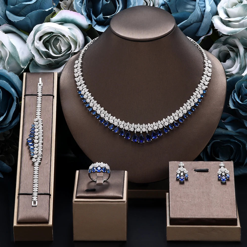 2024 Novo Conjunto de Joias de Noiva Luxuoso de Zircônia Cúbica AAA de 4 Peças para Festa de Casamento Nigéria Dubai