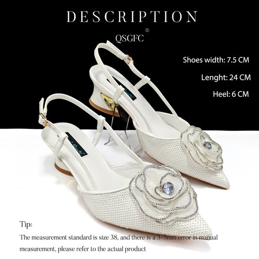Elegant Full of Rhinestone Flower Design Style White Color Party Wedding Pointed Toe Women Shoes and Bag Set