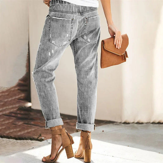 Women's Elasticated Waist Drawstring Tie Straight Jeans