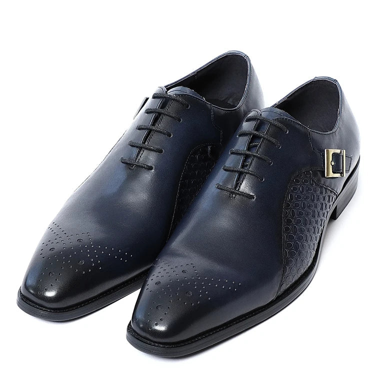 Classy Men's Genuine Leather Oxford Dress Shoes Blue Black Lace-up Brogue Pointed Business Wedding Party Formal Shoes for Men
