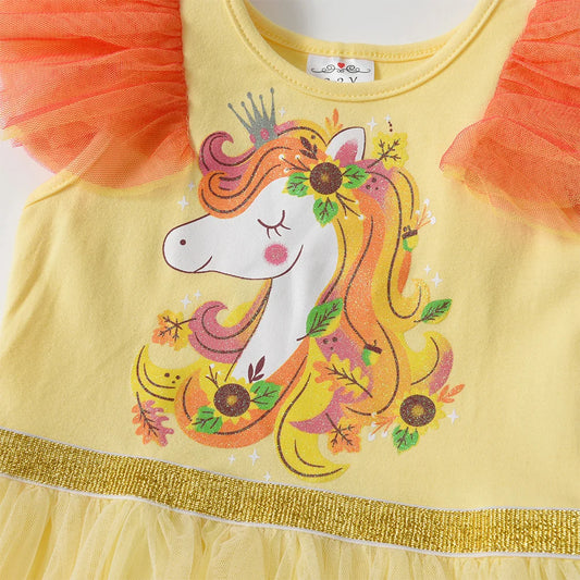 Kids Summer Vestidos Girls Flare Sleeve Mesh Tulle Layered Princess Birthday Party Tutu Dresses Girls Unicorn Print Dress
