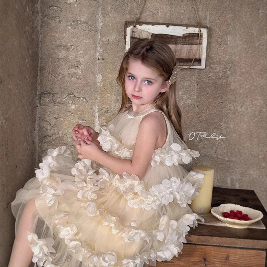 2025 Spring Summer New Children Clothing Girls Neck Hanging Flower Layered Long Dress Korean Children Birthday Princess Dress