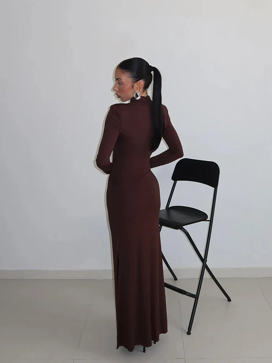 Sheath Women's Maxi Dresses Solid Turtleneck Regular Long Sleeves Hollow Out Slim Fit Bodycon Party Vestidos Robes
