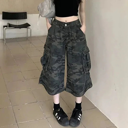 Vintage Baggy Cropped Jeans Pants Girls Fashion High Waist Denim Pants