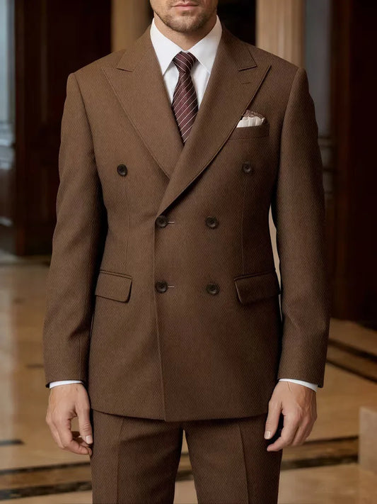 2026 New Double-Breasted Peak Lapel Men's Suit Set Two-Piece Coffee Beige Pink (Jacket Pants) Casual Business B