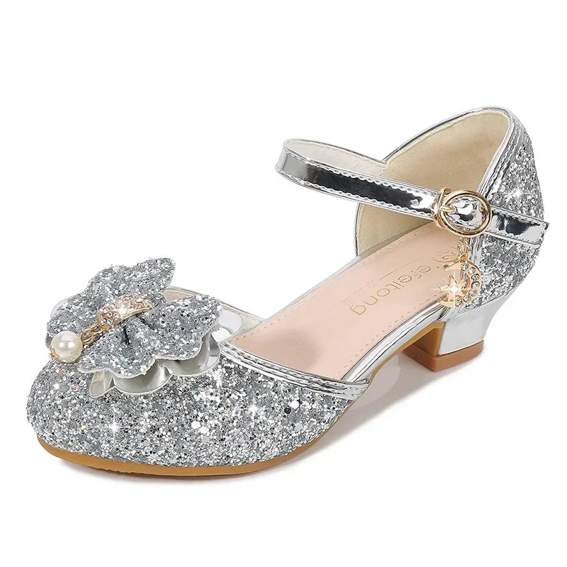 Children's Sandals for Party Wedding Elegant Bowknot Kids Girls Versatile Sequins High-heels Fashion Pearl Princess Single Shoes