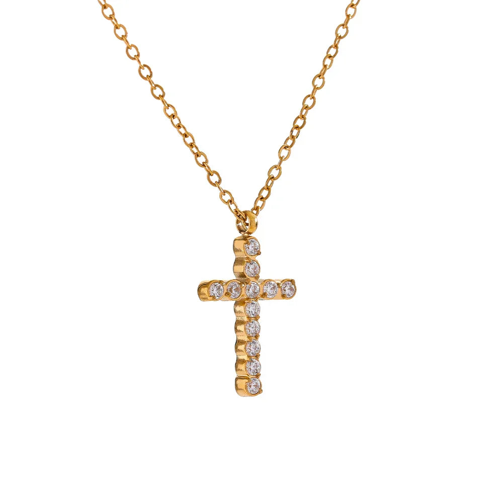Delicate Shiny Cubic Zirconia 316L Cross Pendant Necklace for Women Stainless Steel High Quality Jewelry Water Resistant