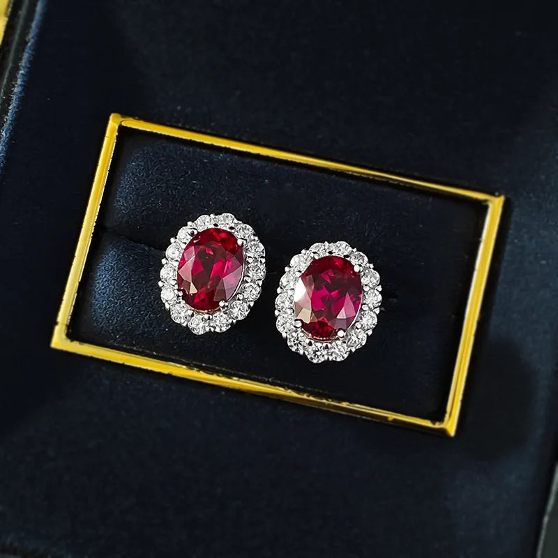Classic Oval 6*8mm Red/Blue Zircon Stud Earrings For Women 100% 925 Sterling Silver Sparkling Wedding Fine Jewelry