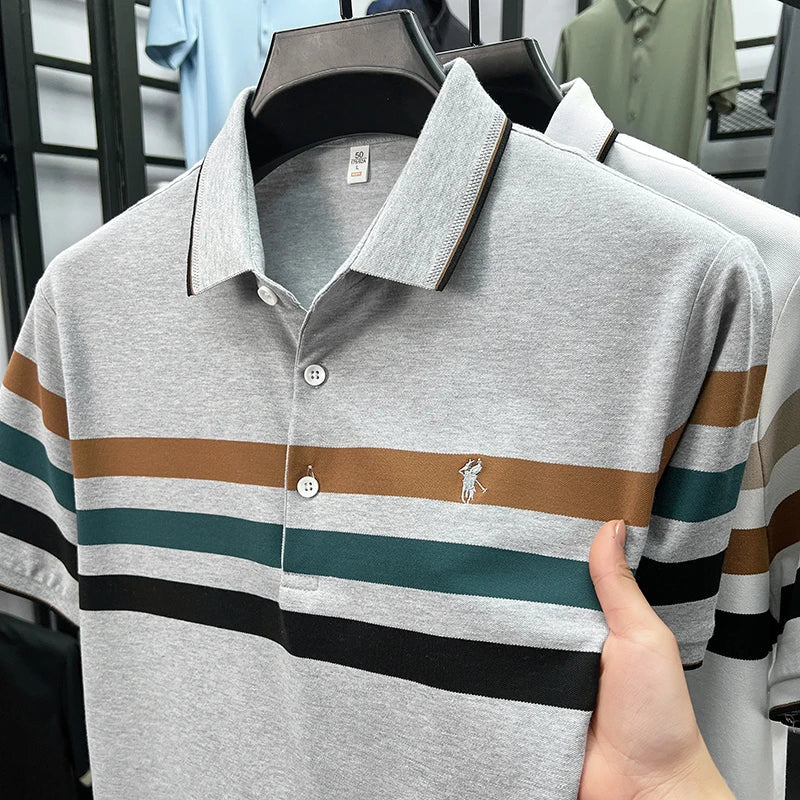 Boutique cotton short sleeve men's polo shirt 2025 summer fashion striped high-end flip collar top casual youth business T-shirt