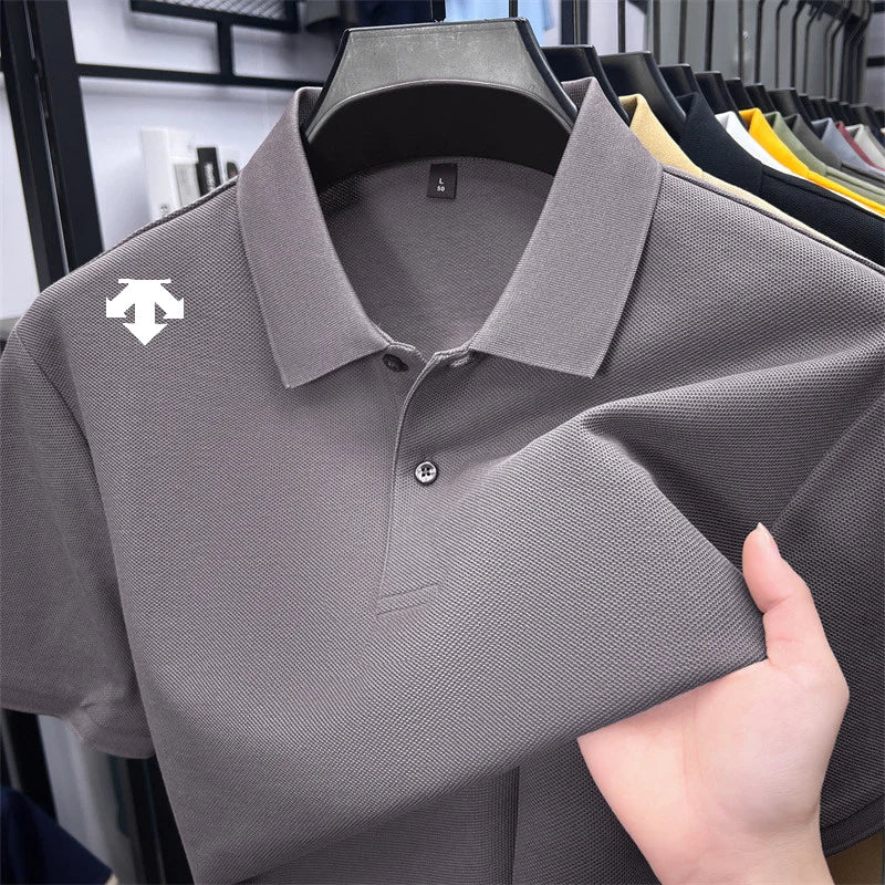 100% men's summer luxury brand polo shirt lapel geometric printing short sleeves t-shirt outdoor leisure men clothing tops