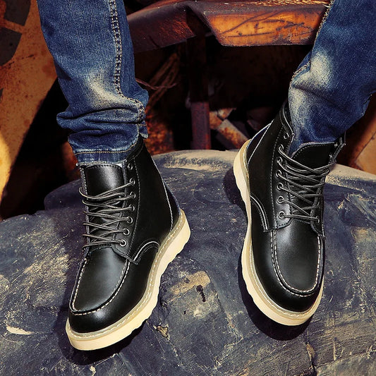High-top men's leather shoes Fashion motorcycle ankle boots Autumn and winter lace-up casual work men's shoes leather flats