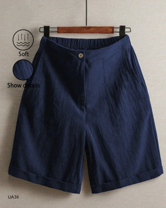 Women's High Waist Cotton Linen Blend Shorts Elastic Waist with Pockets Summer Casual Loose Wide Leg Rolled Hem Female Pants