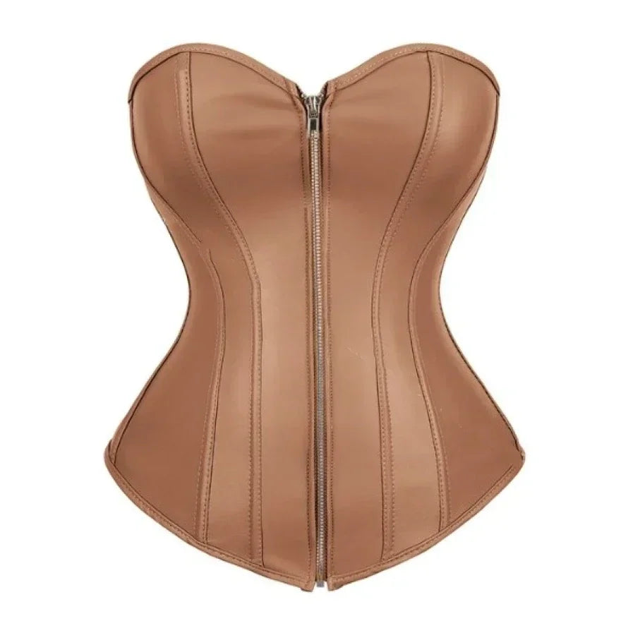 Women Faux Leather Corset Tops Gothic Overbust Lace Up Zipper Strapless Bustier Shaperwear Sexy Clubwear