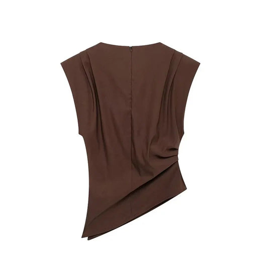 Women Fashion With Pad Solid Pleated Back Zipper Tank Tops Vintage O-Neck Sleeveless Female Chic Lady Tops