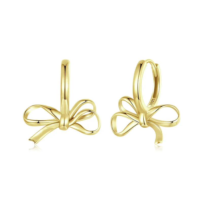 Gold Bowknot Ear Buckles, 925 Sterling Silver Hypoallergenic Classic Trend Hoop Earrings for Women Fine Jewelry SCE1752