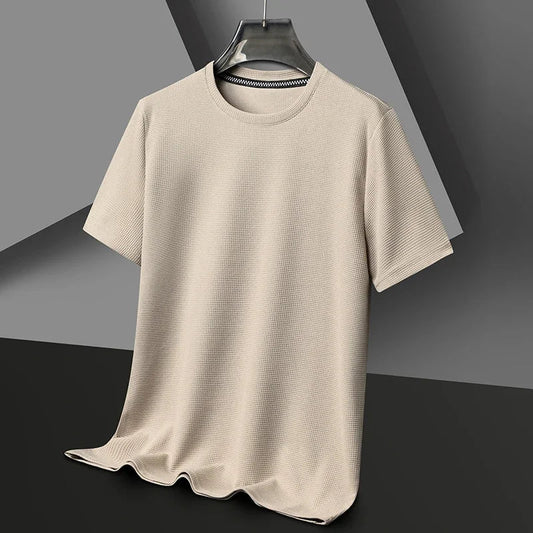 Camiseta Masculina de Verão Nova de Waffle com Gola Redonda e Manga Curta Confortável Respirável para Uso Casual