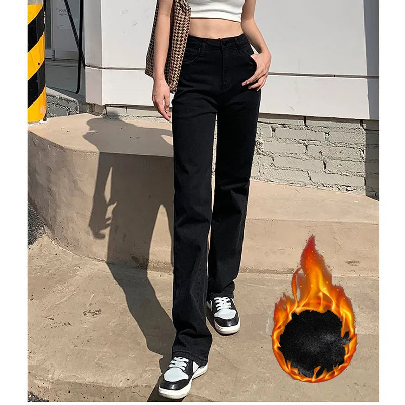Woman Korean High Waist Streetwear Straight Leg Jeans