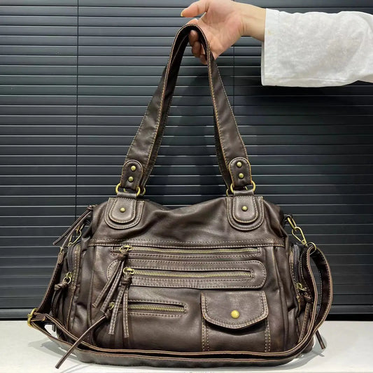 Y2K Hot Girl Single Shoulder Crossbody Bag Vintage Washed Leather Motorcycle Bag Large Capacity Multi Pocket Bag