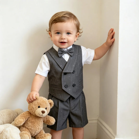 Kids Boys Formal Suit Set Denim Gray Vest Shorts Bowtie 3PCS Wedding Birthday Party Gentleman Outfit for Toddler 1-8Yrs Clothes