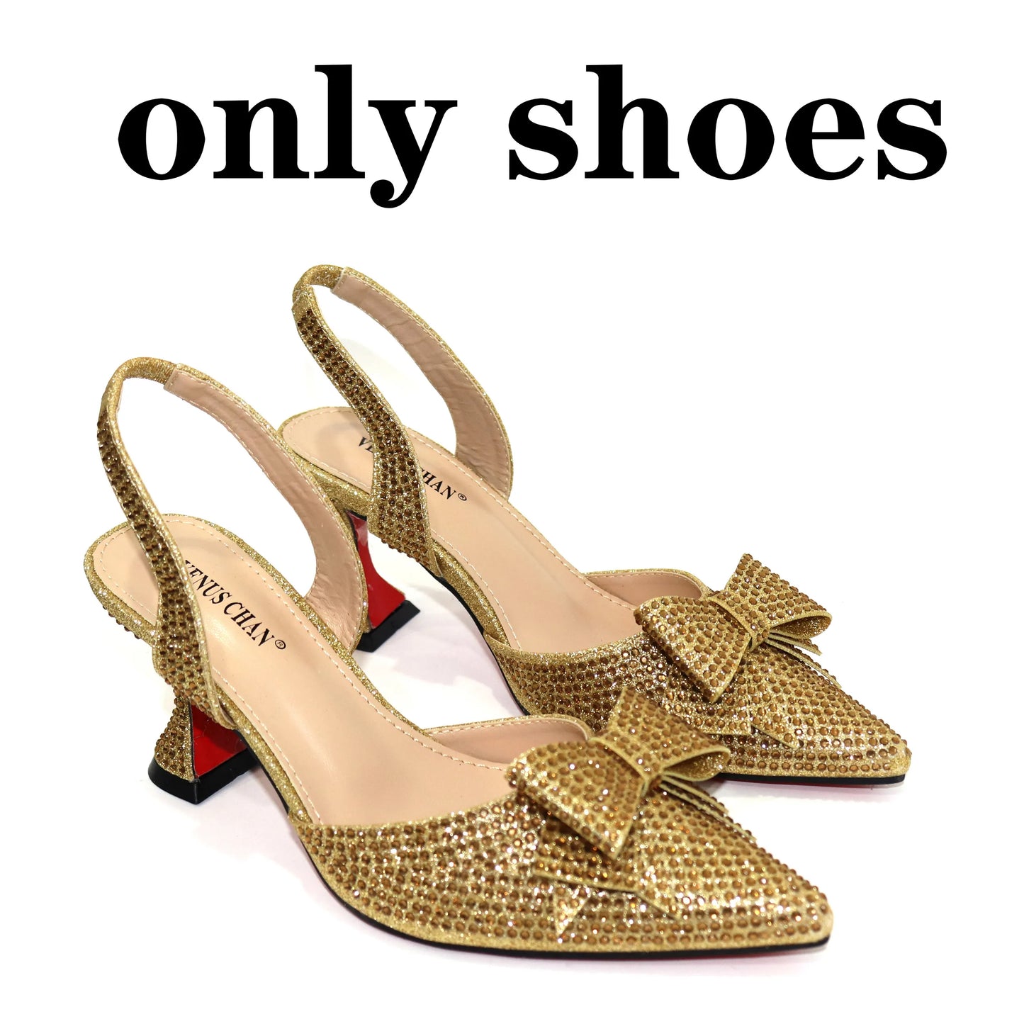Sapatos de Noiva Femininos 2023 de Salto Alto Bico Fino com Laços Dourado Strass Elegante Festa Casamento Conjunto Sapato e Bolsa