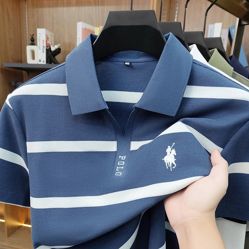 2026 New Summer Men's Striped Polo Shirt with Collar and Short Sleeve Casual T-shirt for Men