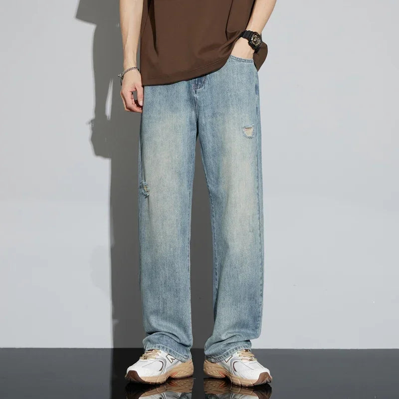 Korea Baggy Cargo Jeans Men Vintage Straight Ripped Y2k Pants Fashion Frayed High Street Distressed Denim Trousers Male Clothes