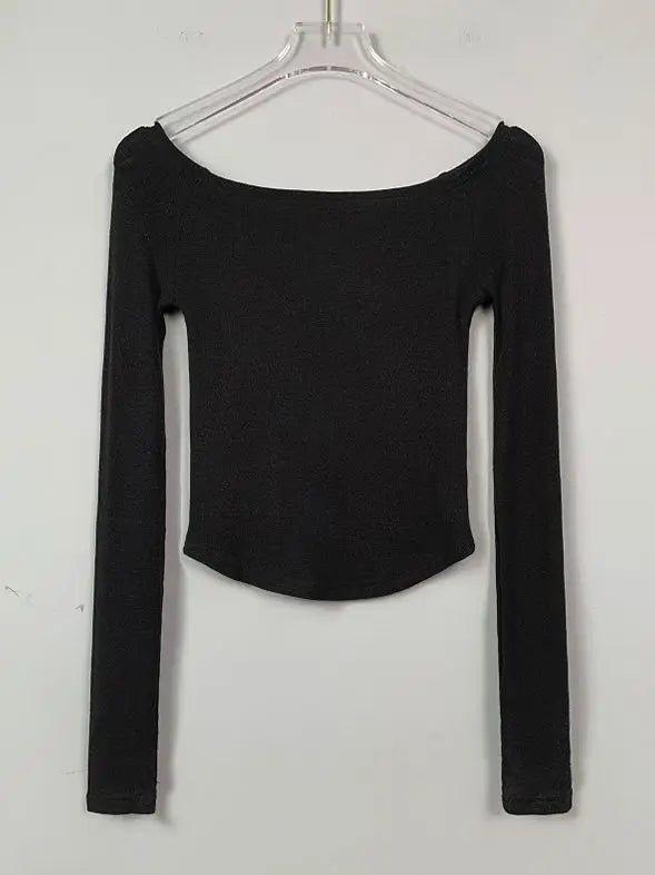 Neck T Shirt Women Cotton Long Sleeves Cropped Tee Shirt Femme Slim T-shirt Female Black White Tops 2026