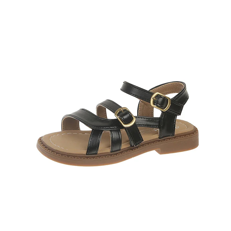 Girls Roman Sandals Open Toe Little Kids Leather Sandals with Buckle Open Toe Children Summer Beach Shoes Non-Slip Soft Sole