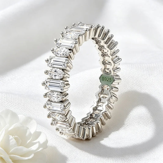 18k Plated 2*4mm Full Moissanite Rings for Women Emerald Cut Full Eternity Band S925 Sterling Silver Pass Diamond Tester