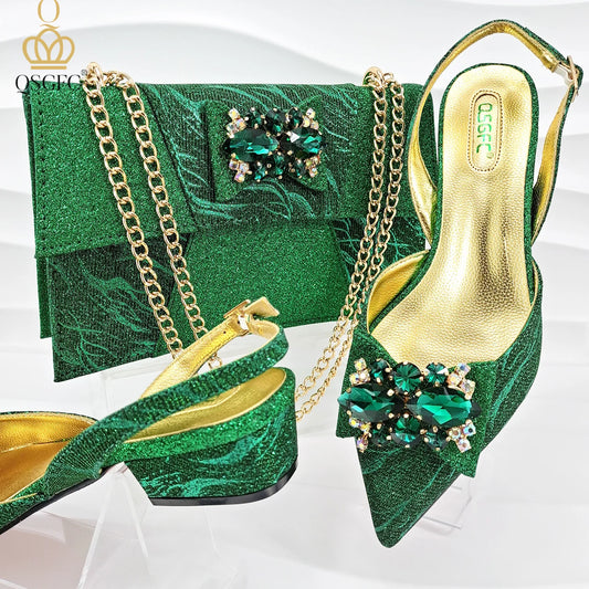 Italian Design Elegant Evening Shoes And Bag Set African Crystal Comfortable Shoes And Capacity Bag Commuter Women's Shoes