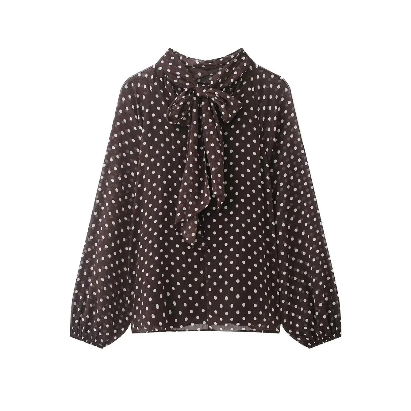 New Women Bow Collar Blouse Vintage Polka Dot Printed Loose Tops Fashion Elegant Spring Long Sleeve Commuting Shirts
