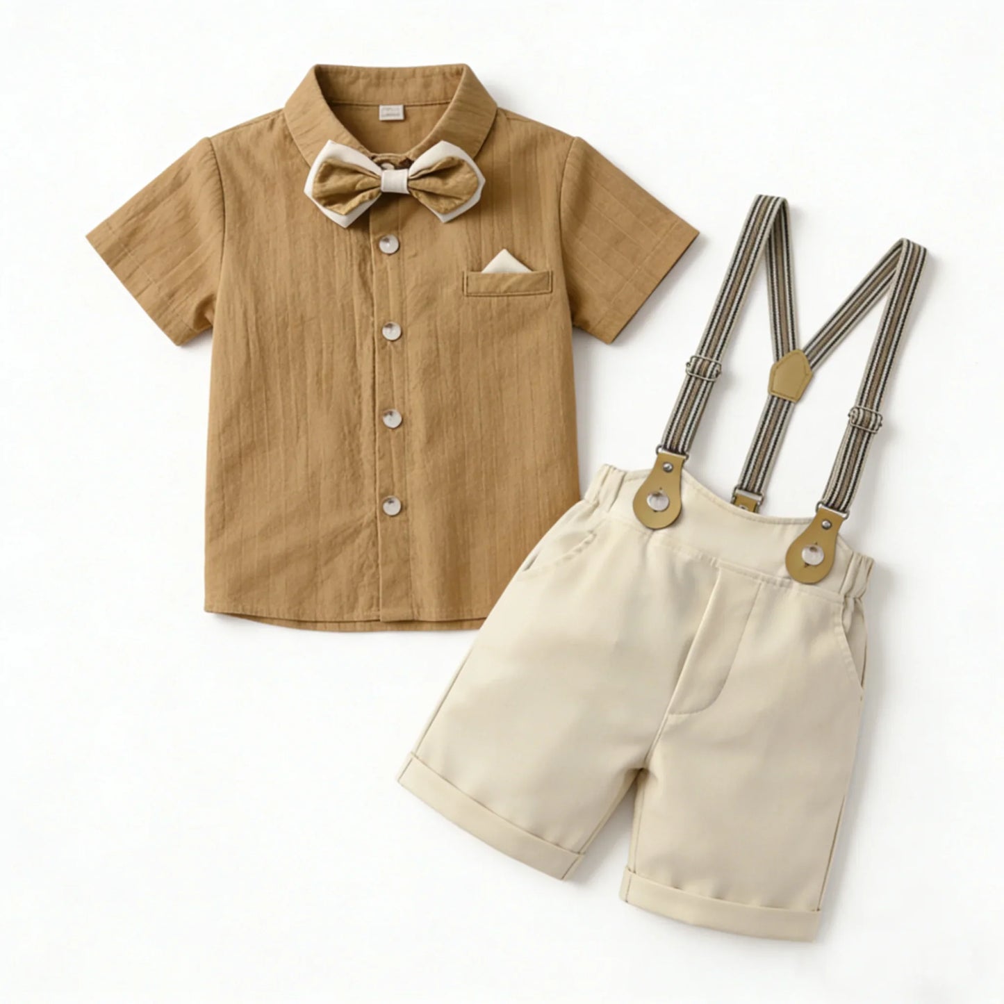 Kids Clothes Set Toddler Boys Gentleman Suit Khaki Short Sleeve Shirt with Bow Tie Shorts Formal Outfit Wedding Birthday Party