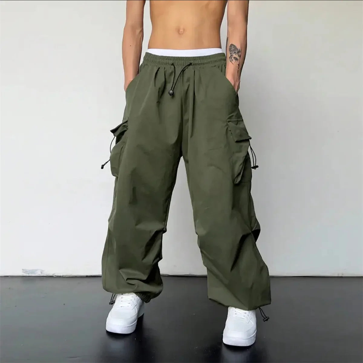 Streetwear 2025 New Spring Harem Multicolored Casual Pants Men Elastic Waist Solid Color Cargo Pants Multi Pocket Baggy Pants