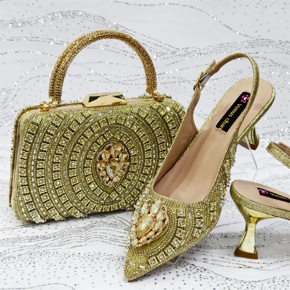 Elegant Rhinestone Pointed Toe Pumps With Matching Bag Set Large Size shoes Big Bag for Women's Party High Heels