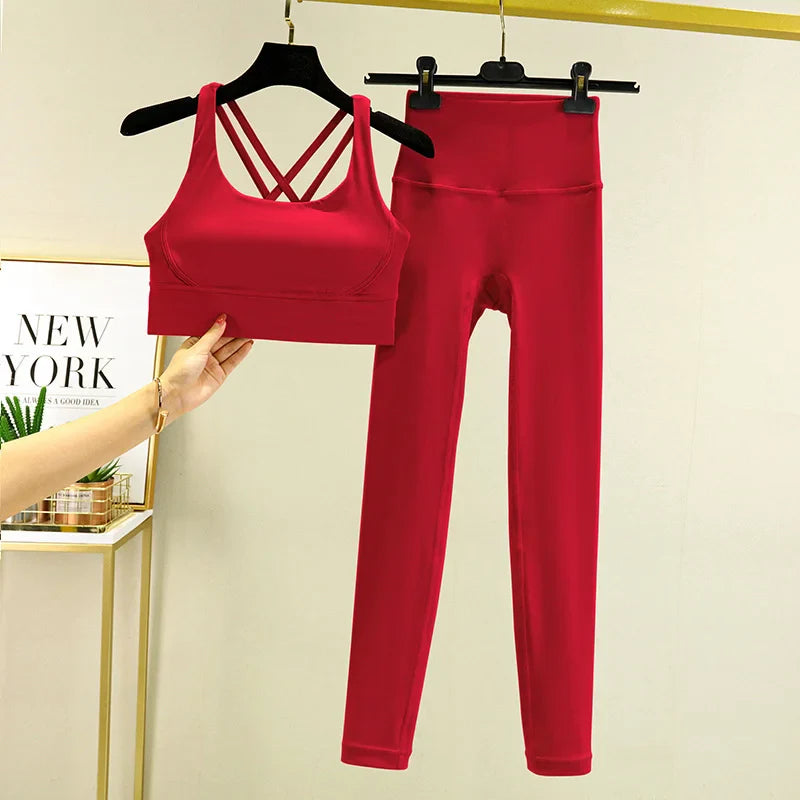 TRY TO BN Tummy Control Gym Set 2 Piece High Waisted Leggings Cross Bra Squat Proof Fitness Breathable Yoga Outfits Workout Set