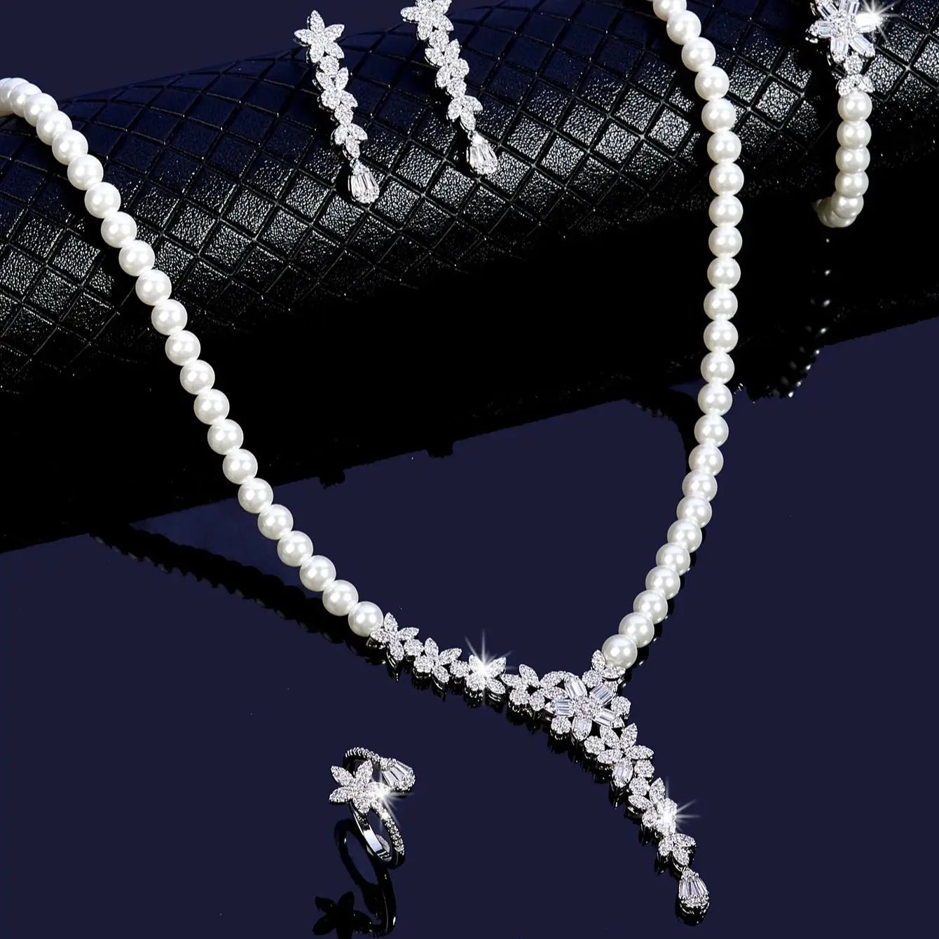 New Trendy Pearl Tassel 40cm Necklace Earring 4PCS Jewelry Set For Women Wedding Party Full Zircon Dubai Bridal Jewelry Set Gift