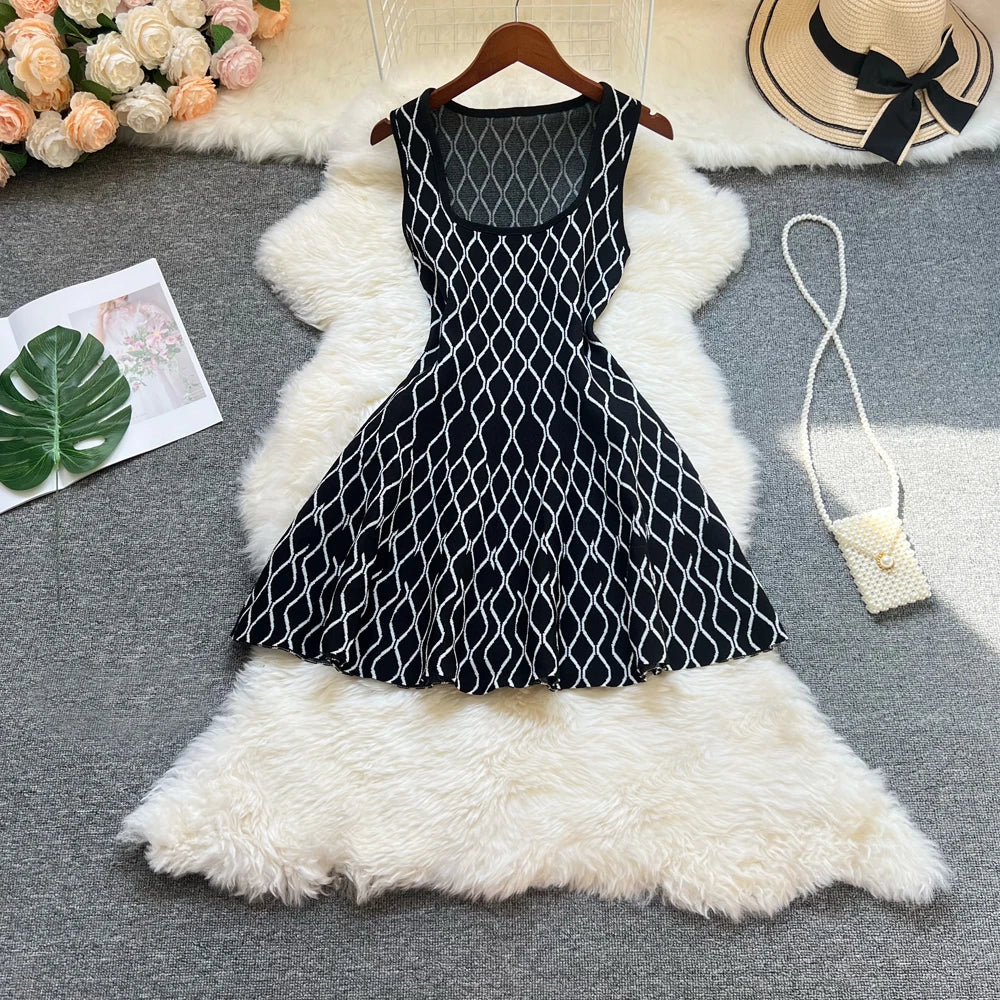 Fashion A-line Short Women Dress Elegant Y2K Geometric Knitted Summer Dress Female Harajuku Black Party Vestidos