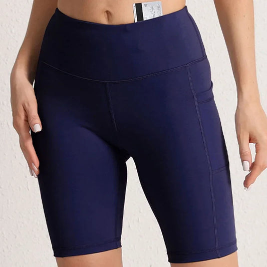 Women Yoga Shorts with 3 Pockets Seamless Gym Fitness Tights Elastic Cycling Shorts Female Solid Color Leggings