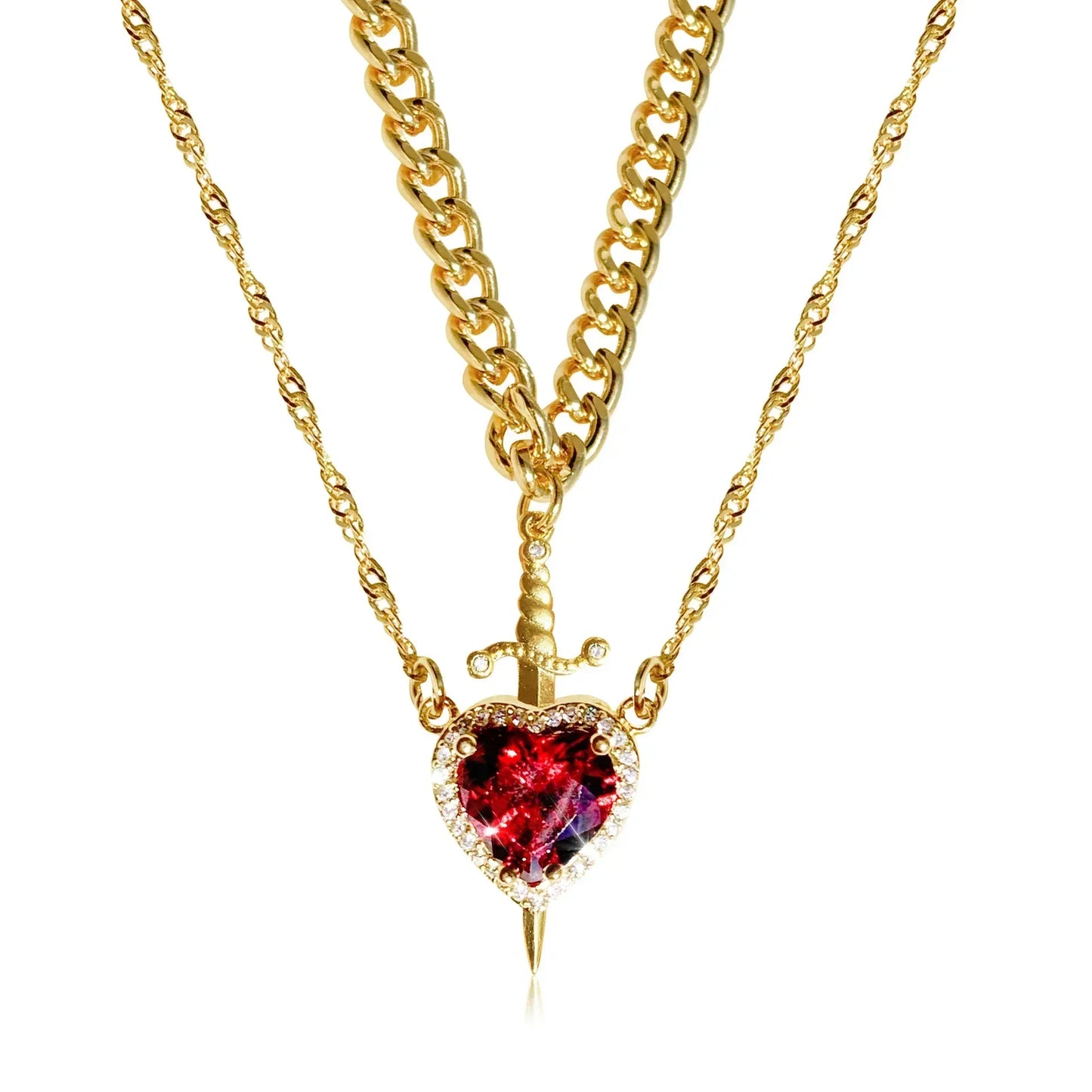 2pcs Can Be Assembled Heart and Sword Zircon Pendant Necklace for Women Men Couple Silver Gold Plated Choker Chain Jewelry